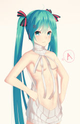 Rule 34 | 00s, 1girl, anger vein, aqua eyes, aqua hair, arrow (symbol), bow, breasts, closed mouth, convenient censoring, eahi, gradient background, hair bow, hands on own hips, hatsune miku, long hair, matching hair/eyes, meme attire, navel, no bra, simple background, small breasts, solo, standing, sweater, twintails, virgin killer sweater, vocaloid