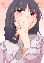 Rule 34 | 1girl, black hair, blunt bangs, blush, closed mouth, collared shirt, crescent moon, frilled shirt collar, frilled sleeves, frills, gradient background, hand up, highres, hime cut, houraisan kaguya, long hair, looking at viewer, moon, pink eyes, pink shirt, red background, red eyes, shirt, sidelocks, sobayu to tenpura, solo, star (symbol), straight-on, touhou, v, v over mouth