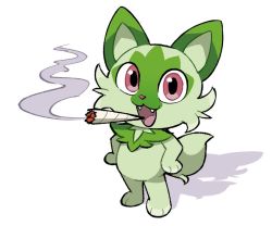 Rule 34 | :3, :d, cigarette, commentary, creatures (company), doobie ralsei (meme), drugs, english commentary, fangs, game freak, hand on own hip, joint (drug), looking at viewer, marijuana, meme, nintendo, no humans, open mouth, pokemon, pokemon (creature), red eyes, shadow, simple background, smile, smoking, solo, sprigatito, sprigatito the weedcat (meme), standing, white background, zzzh1n