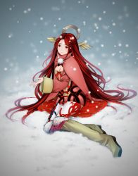 Rule 34 | 1girl, boots, braid, breasts, cleavage, cloak, closed mouth, dress, french braid, full body, fur-trimmed boots, fur trim, head wings, highres, ikenie to yuki no setsuna, knee boots, long hair, long sleeves, pantyhose, pom pom (clothes), puchiman, red eyes, red hair, red ribbon, ribbon, setsuna (i am setsuna), short dress, sitting, small breasts, snow, snowing, solo, very long hair, white pantyhose, wide sleeves, wings, yokozuwari