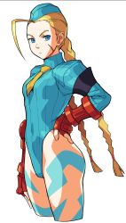 Rule 34 | 1girl, aqua leotard, armband, blonde hair, blue eyes, bodypaint, braid, cammy white, closed mouth, commentary request, cropped legs, expressionless, fingerless gloves, garrison cap, gloves, hand on own hip, hat, highleg, highleg leotard, highres, leotard, long hair, long sleeves, looking at viewer, necktie, oetaro, red gloves, ribbed leotard, scar, scar on face, short necktie, simple background, single bang, solo, standing, street fighter, street fighter zero (series), thong leotard, turtleneck, twin braids, white background, yellow necktie