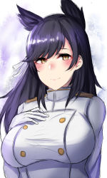 Rule 34 | 1girl, animal ears, atago (azur lane), azur lane, black hair, blush, breast suppress, breasts, brown eyes, buttons, commentary request, gloves, highres, kuuki (rakam), large breasts, long hair, looking at viewer, military, mole, mole under eye, smile, solo, uniform, upper body, white gloves