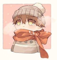 Rule 34 | 1boy, beanie, border, breath, brown hair, chibi, cropped arms, cropped torso, fate/extra, fate/extra ccc, fate (series), grey hat, hair between eyes, hat, highres, kishinami hakuno (male), long sleeves, looking afar, looking up, male focus, outside border, parted lips, pink background, pom pom (clothes), pom pom beanie, red scarf, scarf, short hair, solo, tokikane mikan, white border, winter clothes, yellow eyes