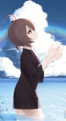 Rule 34 | 1girl, absurdres, ahoge, blue eyes, blush, brown dress, brown hair, cloud, cloudy sky, commentary request, cowboy shot, day, dress, from side, hair ribbon, hands up, highres, hololive, long hair, looking away, looking up, natsuiro matsuri, parted lips, profile, ribbon, short hair, sky, solo, standing, thomas 8000, virtual youtuber, wading, water
