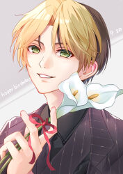 Rule 34 | 1boy, absurdres, bishounen, black shirt, blonde hair, blush, brown hair, commentary request, dress shirt, flower, formal, green eyes, grin, hair intakes, hakushi (szuu2535), hand up, happy birthday, highres, hikaru no go, holding, holding flower, light particles, lips, looking at viewer, male focus, multicolored hair, necktie, parted bangs, pinstripe pattern, pinstripe suit, portrait, purple necktie, purple suit, red ribbon, ribbon, shindou hikaru, shirt, smile, smirk, solo, striped, suit, two-tone hair