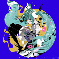 Rule 34 | 1girl, antenna (draconian), black footwear, black sleeves, blue border, blue hair, boots, border, commentary, creatures (company), crying, crying with eyes open, detached arm, detached legs, detached sleeves, from above, full body, furrowed brow, game freak, ghost miku (project voltage), grey shirt, hair ornament, half-closed eyes, halter shirt, halterneck, hatsune miku, hitodama, instagram username, looking at viewer, looking to the side, looking up, nintendo, outside border, pale skin, patterned hair, pokemon, project voltage, round image, see-through, see-through skirt, shaded face, shirt, signature, simple background, skirt, sleeveless, sleeveless shirt, solo, teardrop, tears, thigh boots, twintails, twitter username, vocaloid, yellow background, yellow eyes