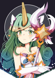 Rule 34 | 1girl, absurdres, alternate costume, alternate eye color, alternate hair color, alternate hairstyle, bare shoulders, breasts, cleavage, gloves, green eyes, green hair, highres, horns, league of legends, long hair, single horn, solo, soraka (league of legends), star guardian (league of legends), star guardian soraka, thighhighs, very long hair, white gloves