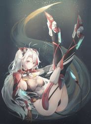 Rule 34 | 1girl, absurdres, antenna hair, armpit cutout, azur lane, blush, bodysuit, boots, breasts, bubble, clothing cutout, cross, cross earrings, earrings, full body, garter straps, gloves, glowing, hair between eyes, headgear, high heels, highres, jewelry, large breasts, legs up, leotard, light particles, long hair, long sleeves, looking at viewer, mole, mole on breast, multicolored hair, open mouth, parted lips, prinz eugen (azur lane), reclining, red eyes, red hair, rudder footwear, sideboob, silver hair, solo, streaked hair, tail, thigh boots, thighhighs, thighs, two side up, underwater, very long hair, white background, wide sleeves, yusha m