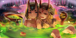 Rule 34 | 2girls, bathing, blonde hair, blue eyes, breasts, claws, closed mouth, collarbone, commentary request, cup, demon girl, eyeshadow, facial mark, fang, fate/grand order, fate (series), gendo0032, hair ornament, highres, horns, ibaraki douji (fate), long hair, looking at viewer, makeup, multiple girls, nude, oni, onsen, open mouth, outdoors, partially submerged, petals, purple hair, sakazuki, shuten douji (fate), skin-covered horns, small breasts, steam, tattoo, thick eyebrows, tongue, tongue out, yellow eyes