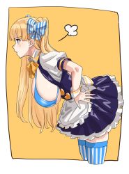 Rule 34 | 1girl, apron, bikini, bikini top only, blonde hair, blue bikini, blush, breasts, buttons, cuffs, frills, from side, hand on own hip, hanging breasts, heart button, highres, huge breasts, lina (michihasu), long hair, maid, maid apron, michihasu, multicolored eyes, nail polish, open mouth, original, solo, steam, striped clothes, striped thighhighs, swimsuit, thighhighs, twintails, two-tone background, very long hair