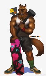 Rule 34 | 1boy, absurdres, animal ears, bara, bare arms, bare shoulders, black shorts, brown fur, coach, covered erect nipples, fluffy, full body, furry, furry male, green socks, highres, large pectorals, looking at viewer, male focus, muscular, muscular male, original, pectorals, powerlesssong, seductive smile, short hair, shorts, skateboard, smile, socks, solo, tail, tank top, thick eyebrows, weibo logo, weibo watermark, whistle, whistle around neck, white tank top, wolf boy, wolf ears, wolf tail