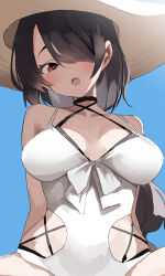 Rule 34 | 1girl, black hair, blue archive, blush, breasts, cleavage, collarbone, commentary request, hair over one eye, hat, highres, hinata (blue archive), hinata (swimsuit) (blue archive), large breasts, long hair, looking at viewer, nejiresyake, official alternate costume, one-piece swimsuit, open mouth, red eyes, solo, swimsuit, white hat, white one-piece swimsuit