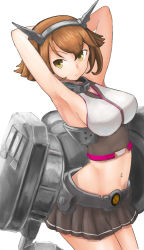 Rule 34 | 10s, 1girl, armpits, arms behind head, arms up, breasts, brown hair, cowboy shot, headgear, highres, kantai collection, large breasts, mutsu (kancolle), navel, okitsugu, short hair, skirt, solo, white background, yellow eyes