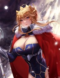 Rule 34 | 1girl, ahoge, armor, artoria pendragon (fate), artoria pendragon (lancer) (fate), bad id, bad twitter id, blue dress, blue eyes, braid, breasts, cape, cleavage, cleavage cutout, clothing cutout, crown, dress, fate/grand order, fate (series), french braid, fur-trimmed cape, fur collar, fur trim, gauntlets, hair between eyes, heattech leotard, holding, holding weapon, lance, large breasts, leotard, looking at viewer, moon, night, night sky, parted lips, polearm, red cape, rhongomyniad (fate), sidelocks, sky, solo, terupancake, thighs, turtleneck, upper body, weapon