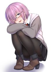 Rule 34 | 1girl, :d, absurdres, ankle boots, arm rest, bad id, bad twitter id, black-framed eyewear, black pantyhose, black skirt, blush, boots, brown footwear, convenient leg, fate/grand order, fate (series), full body, glasses, grey jacket, hair over one eye, head tilt, high heel boots, high heels, highres, jacket, knees up, kyuuso inukami, long sleeves, looking at viewer, mash kyrielight, miniskirt, open clothes, open jacket, open mouth, pantyhose, pink hair, purple eyes, round teeth, short hair, simple background, skirt, smile, solo, squatting, teeth, thighband pantyhose, track jacket, white background, wing collar