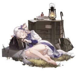 1girl ahoge aiguillette bag bare_legs barefoot basin black_bag bloomers blue_dress blue_ribbon boots bottle box buttons cane closed_mouth coat coat_dress crate doctor double-breasted dress drill_hair duffel_bag feet full_body girls&#039;_frontline grass green_bag griffin_&amp;_kryuger gun gyaku_tsubasa hair_ornament hair_ribbon hairclip hat highres holding holding_gun holding_weapon knee_boots lantern legs long_hair long_sleeves lying medicine no_socks nurse_cap official_alternate_costume official_art on_side overcoat pp-90 pp-90_(girls&#039;_frontline) pp-90_(lullaby_beneath_the_light)_(girls&#039;_frontline) resting ribbon simple_background solo syringe third-party_source toes transparent_background twin_drills underwear weapon white_bloomers white_coat white_footwear white_hair white_hat