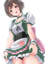 Rule 34 | 10s, 1girl, akiyama yukari, alternate costume, amasora taichi, apron, back bow, black panties, bow, breasts, brown eyes, brown hair, collarbone, commentary request, covered erect nipples, from below, girls und panzer, green bow, green skirt, green vest, head tilt, highres, looking at viewer, looking back, maid headdress, medium breasts, panties, pink bow, puffy short sleeves, puffy sleeves, shirt, short sleeves, simple background, skirt, solo, translation request, underwear, uniform, vest, waist apron, waitress, white apron, white background, white shirt, wrist cuffs