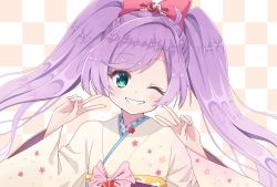 Rule 34 | 1girl, ahoge, bow, checkered background, commentary, double v, floral print, green eyes, grin, hair bow, japanese clothes, light blush, long hair, looking at viewer, manaka laala, one eye closed, pretty series, pripara, purple hair, red bow, smile, solo, suzume anko, teeth, twintails, upper body, v