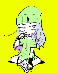 Rule 34 | 1girl, arm warmers, bags under eyes, bandaid, bandaid on hand, beanie, black arm warmers, black socks, black wristband, blood, blood on clothes, blood on face, check copyright, colored inner hair, commentary request, copyright request, footwear ribbon, full body, furrowed brow, green hat, green shirt, green sleeves, grey eyes, grey hair, hand on lap, hat, light frown, looking at viewer, multicolored hair, nose picking, original, oversized clothes, pale skin, parted lips, purple hair, ribbon, shadow, shirt, shoes, short sleeves, simple background, single arm warmer, sitting, sneakers, socks, solo, t-shirt, terada tera, white footwear, white ribbon, yellow background