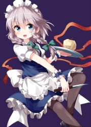 Rule 34 | 1girl, :d, apple, apron, black footwear, black pantyhose, blue dress, blue eyes, blush, bow, braid, commentary request, dress, feet out of frame, food, frilled apron, frills, fruit, green bow, hair between eyes, hair bow, highres, holding, holding knife, holding tray, izayoi sakuya, knife, looking at viewer, maid, maid apron, maid headdress, open mouth, pantyhose, petticoat, puffy short sleeves, puffy sleeves, purple background, ruu (tksymkw), shirt, shoes, short hair, short sleeves, silver hair, simple background, smile, solo, touhou, tray, twin braids, waist apron, white apron, white shirt, wrist cuffs