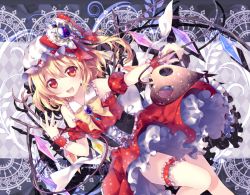 Rule 34 | 1girl, adapted costume, blonde hair, corset, flandre scarlet, hat, laevatein, bridal garter, looking at viewer, open mouth, red eyes, red skirt, riichu, short hair, side ponytail, skirt, solo, touhou, wings