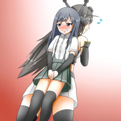 Rule 34 | 10s, 2girls, amezuku, asashio (kancolle), bare shoulders, black hair, black socks, blouse, blush, carrying, commentary request, embarrassed, headgear, kantai collection, kneehighs, long hair, looking to the side, midriff, multiple girls, nagato (kancolle), pleated skirt, shirt, skirt, socks, thighhighs, white shirt