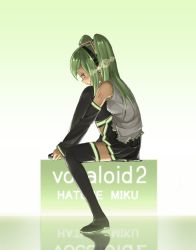 Rule 34 | 1girl, bad id, bad pixiv id, boots, character name, copyright name, detached sleeves, domo1220, full body, gradient background, green background, green eyes, green hair, hatsune miku, headphones, long hair, matching hair/eyes, necktie, sitting, skirt, solo, thigh boots, thighhighs, vocaloid, white background