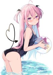 Rule 34 | 1girl, absurdres, ahoge, angry, ass, ball, beachball, bent over, black one-piece swimsuit, blush, breasts, crossed bangs, demon girl, demon tail, demon wings, hair between eyes, heart, heart ahoge, heart tail, highres, holding, holding ball, holding beachball, long hair, looking at viewer, okiq, one-piece swimsuit, original, pink eyes, pink hair, pout, simple background, small breasts, solo, swimsuit, tail, water, water drop, white background, wings