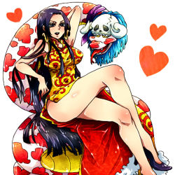 Rule 34 | 1girl, amazon warrior, black hair, boa hancock, china dress, chinese clothes, dress, earrings, female focus, heart, high heels, horns, jewelry, long hair, one piece, salome (one piece), shoes, side slit, simple background, sitting, skull, snake, solo, yellow dress