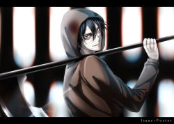 Rule 34 | 1boy, bandage on face, bandaged hand, bandages, black hair, brown jacket, character name, dark-skinned male, dark skin, from side, head tilt, holding, holding scythe, hood, hood up, hooded jacket, isaac foster, jacket, kazuya 31, letterboxed, long sleeves, looking at viewer, male focus, open mouth, satsuriku no tenshi, scythe, smile, solo, upper body