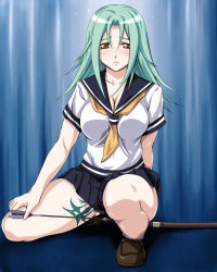 Rule 34 | 1girl, aqua hair, arm behind back, arrow (projectile), blue background, blush, boukyaku no senritsu, bow (weapon), breasts, cleavage, embarrassed, hair between eyes, hand on thigh, highres, large breasts, loafers, looking at viewer, miniskirt, necktie, orange eyes, parted bangs, pleated skirt, school uniform, serafuku, shirt, shoes, skirt, socks, solo, spread legs, squatting, tattoo, thick thighs, thighs, tone requiem, weapon, zundarepon