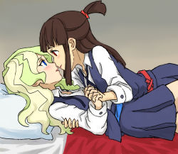 Rule 34 | 2girls, a50926123, absurdres, bed, blue eyes, blue sash, brown hair, collared shirt, couple, crying, diana cavendish, eye contact, holding hands, highres, interlocked fingers, kagari atsuko, kiss, little witch academia, long hair, looking at another, luna nova school uniform, lying, multiple girls, neck ribbon, red eyes, red sash, ribbon, saliva, saliva trail, sash, school uniform, shirt, simple background, skirt, smile, tears, thighs, tongue, two-tone background, uniform, vest, wavy hair, white shirt, yuri