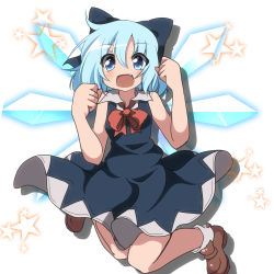 Rule 34 | 1girl, blue dress, blue eyes, blue hair, bow, bowtie, cirno, do (4-rt), dress, fang, highres, ice, ice wings, matching hair/eyes, open mouth, sleeveless, sleeveless dress, solo, star (symbol), touhou, wings
