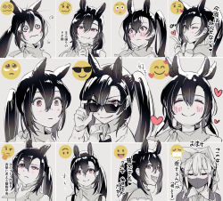 Rule 34 | 2girls, :3, :p, ;o, @ @, adjusting eyewear, adjusting glasses, afterimage, animal ears, bandana, black hair, blowing kiss, blush, bow, bowtie, closed eyes, closed mouth, earmuffs, earrings, emoji, expressions, flapping ears, grey background, hair between eyes, happy, heart, horse ears, index finger raised, jewelry, kurokoma saki, long hair, looking at viewer, looking over eyewear, looking over glasses, mask, medium hair, monochrome, mouth mask, multiple girls, multiple views, no headwear, one eye closed, open mouth, pointy hair, ponytail, portrait, red eyes, simple background, smile, spot color, sunglasses, syuri22, thinking, tinted eyewear, tongue, tongue out, touhou, toyosatomimi no miko, translation request, wavy mouth