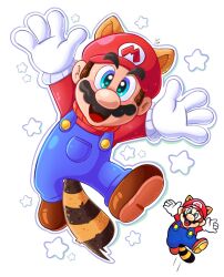 Rule 34 | 1boy, animal ears, arms up, blue eyes, brown hair, facial hair, flying, full body, gloves, grin, looking at viewer, mario, mario (series), mustache, nintendo, open mouth, overalls, power-up, raccoon ears, raccoon mario, raccoon tail, smile, super mario bros. 3, tail