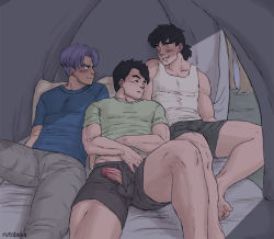 Rule 34 | bara, barefoot, black hair, blush, brothers, bulge, crotch, dragon ball, dragonball z, erection, erection under clothes, evil grin, evil smile, family, feet, grin, lying, male focus, multiple boys, muscular, naughty face, outdoors, penis, pillow, purple hair, rutobuka, siblings, sleeping, smile, smirk, tagme, tent, toes, uncensored, underwear, yaoi