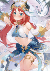 Rule 34 | 1girl, absurdres, bare shoulders, blue gemstone, blue nails, blue skirt, blush, breasts, closed mouth, commentary request, detached sleeves, fake horns, gem, genshin impact, green eyes, harem outfit, highres, horns, long hair, looking at viewer, medium breasts, navel, nilou (genshin impact), red hair, skirt, smile, solo, thighlet, thighs, toki (1243309499), twintails, veil, white headwear