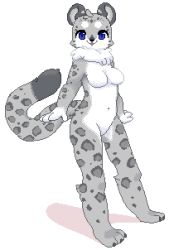 Rule 34 | 1girl, blue eyes, breasts, female focus, full body, furry, furry female, lowres, open mouth, powderkona, simple background, snow leopard, solo, white background