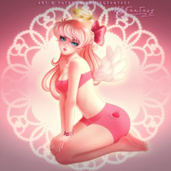 Rule 34 | 1girl, angel, artist name, bare shoulders, barefoot, blue eyes, bow, bracelet, breasts, cutie mark, feet, halo, humanization, jewelry, kgfantasy, lips, looking at viewer, medium breasts, my little pony, navel, parted lips, patreon username, pink hair, ponytail, sitting, sitting on lap, sitting on person, smile, solo, underwear, watermark, web address, wings