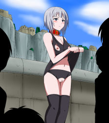 Rule 34 | 1girl, blush, censored, collar, cropped legs, crotchless, crotchless panties, female focus, grey eyes, grey hair, humiliation, kannagi noel, looking to the side, nippleless clothes, nipples, panties, presenting, public indecency, public nudity, pussy, solo, sora no woto, spec (artist), standing, thighhighs, underwear