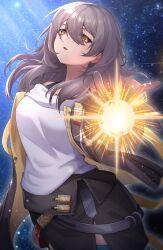 Rule 34 | 1girl, absurdres, bare shoulders, bra strap, brown hair, brown jacket, floating hair, hair between eyes, hand up, highres, honkai: star rail, honkai (series), imminent fight, incoming attack, jacket, kirima (user danf8787), light particles, light rays, long hair, looking at viewer, messy hair, multicolored clothes, multicolored jacket, open mouth, pencil skirt, shirt, shirt tucked in, skirt, sleeveless, sleeveless shirt, space, star (sky), stelle (honkai: star rail), trailblazer (honkai: star rail), two-tone jacket, white shirt, yellow eyes, yellow jacket