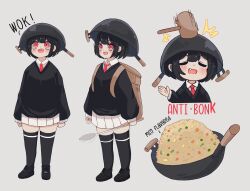 Rule 34 | 1girl, :d, absurdres, backpack, bag, black hair, black sweater, black thighhighs, blush, bonk, bowl, bowl hat, breasts, collared shirt, english text, fang, food, fried rice, grey background, hat, highres, holding, holding ladle, ladle, mallet, melonbread, miniskirt, motion lines, multiple views, necktie, open mouth, original, pleated skirt, red eyes, red necktie, shirt, short hair, simple background, skindentation, skirt, small breasts, smile, sweater, thighhighs, thighs, white shirt, wok, zettai ryouiki
