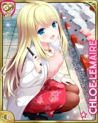 Rule 34 | 1girl, :d, black footwear, blonde hair, blue eyes, bow, card, character name, chloe lemaire, dress, girlfriend (kari), jacket, kneeling, long hair, official art, open mouth, outdoors, qp:flapper, red dress, smile, solo, tagme, white jacket
