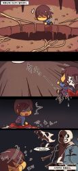 Rule 34 | 2boys, 4koma, = =, ^^^, androgynous, bone, brown hair, comic, d:, d:&lt;, death, dust, falling, flying sweatdrops, frisk (undertale), gasterblaster, glowing, glowing eye, grin, highres, hole, hood, hoodie, korean text, multiple boys, open mouth, papyrus (undertale), partially translated, plant, sans, scarf, shaded face, shaking head, shirt, skeleton, smile, ssalbulre, striped clothes, striped shirt, sweatdrop, tears, translation request, tripping, undertale, v-shaped eyebrows, vines