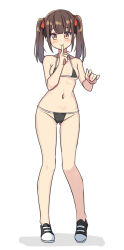 Rule 34 | 1girl, bare arms, bare legs, bare shoulders, bikini, black bikini, black footwear, blush, bow, breasts, brown eyes, brown hair, cameltoe, cleft of venus, closed mouth, collarbone, finger to mouth, full body, groin, hair bow, hands up, hatsunatsu, long hair, looking at viewer, navel, original, red bow, shadow, shoes, shushing, simple background, small breasts, smile, solo, standing, swimsuit, twintails, white background