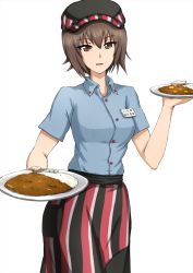 Rule 34 | 1girl, black hat, blue shirt, brown eyes, brown hair, character name, collared shirt, commentary, cowboy shot, curry, flat cap, food, girls und panzer, hat, highres, holding, holding food, holding plate, looking at viewer, name tag, nishizumi maho, omachi (slabco), open mouth, plate, red skirt, rice, shirt, short hair, short sleeves, simple background, skirt, smile, solo, standing, striped clothes, striped skirt, translated, vertical-striped clothes, vertical-striped skirt, waitress, white background