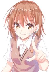Rule 34 | 10s, 1girl, 2019, biribiri, blush, breasts, brown eyes, brown hair, brown vest, commentary request, electricity, electrokinesis, flower, hair between eyes, hair flower, hair ornament, hand up, hisae (hisae collect), index finger raised, looking at viewer, matching hair/eyes, misaka mikoto, pink flower, school uniform, shirt, short hair, short sleeves, simple background, small breasts, smile, solo, summer uniform, sweater vest, toaru majutsu no index, tokiwadai school uniform, upper body, vest, white background, white shirt