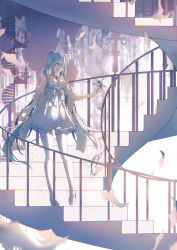 Rule 34 | 1girl, absurdres, animal, animal on hand, bare shoulders, bird, bird on hand, blue eyes, blue hair, breasts, cleavage, commentary request, dress, hair between eyes, hair ribbon, hatsune miku, high heels, highres, long hair, medium breasts, railing, re:rin, ribbon, shoes, sleeveless, sleeveless dress, solo, stairs, thighhighs, twintails, very long hair, vocaloid, white dress, white footwear, white ribbon, white thighhighs