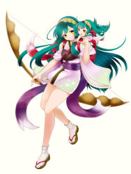 Rule 34 | 2girls, :d, animal print, aqua hair, bad id, bad pixiv id, bare arms, bow (weapon), butterfly print, chibi, closed mouth, full body, geta, green hairband, hairband, holding, holding bow (weapon), holding weapon, japanese clothes, koshi (meermisa), long hair, multiple girls, muneate, open mouth, sash, short sleeves, simple background, smile, tabi, touhoku zunko, vocaloid, voiceroid, weapon, white background, white legwear, yellow eyes