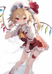 Rule 34 | 1girl, absurdres, ascot, black nails, blonde hair, blush, bow, claw pose, closed mouth, commentary request, crystal, double-parted bangs, eyelashes, feet out of frame, fingernails, flandre scarlet, frilled cuffs, frilled shirt collar, frilled skirt, frills, hair between eyes, hand up, hat, hat bow, highres, leaning forward, long fingernails, long hair, looking at viewer, mary janes, miniskirt, mob cap, nail polish, pointy ears, puffy short sleeves, puffy sleeves, rainbow order, red bow, red eyes, red footwear, red nails, red skirt, shirt, shoes, short sleeves, side ponytail, sidelighting, simple background, skindentation, skirt, smile, solo, standing, tetsurou (fe+), thigh strap, touhou, tsurime, white background, white hat, white shirt, wings, wrist cuffs, yellow ascot, ||/